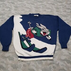 VTG Bugs Bunny Sweater Mens Large Blue Pullover Acme Clothing Skiing